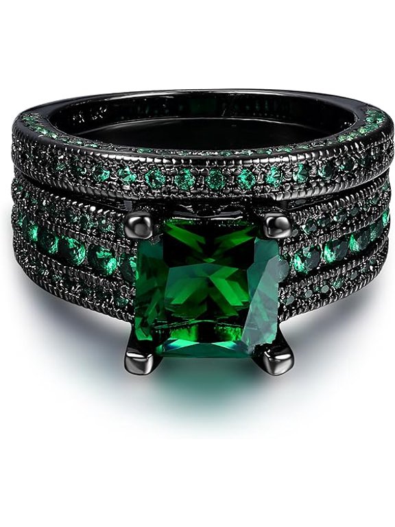 Divine_creation 2.00 Ct Princess Cut Green Emerald Womens Wedding Bridal Ring Set 14K Black Gold Plated 925 Sterling Silver -9