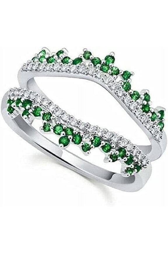 2.00 Ctw Round Cut Green Emerald Engagement Enhancer Guard Wrap Ring 14K White Gold Plated 925 Sterling Silver 925 Sterling Silver -6.5