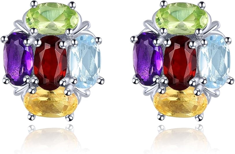 Divine_creation 2.10 Ct Oval Cut Multi Sapphire Womens Stud Earrings Push Back 14K White Gold Plated 925 Sterling Silver