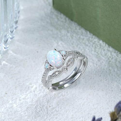 Divine_creation 2.20 Ct Oval Cut Fire Opal Womens Engagement Bridal Ring Set 14K White Gold Plated 925 Sterling Silver -7.5