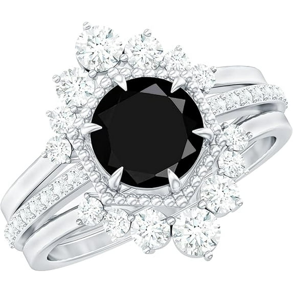 Divine_creation 2.20 Ct Round Cut Black Diamond Womens Wedding Bridal Ring Set 14K White Gold Plated 925 Sterling Silver -7.5