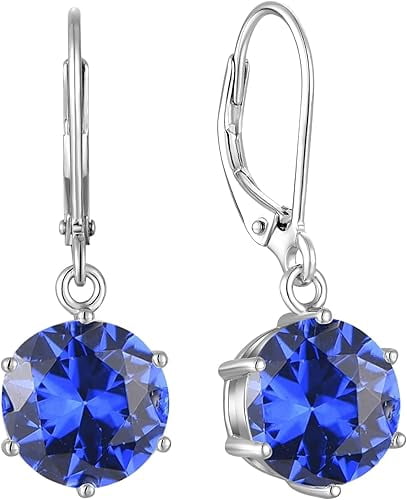 Divine_creation 2.20 Ct Round Cut Blue Sapphire Lever Back Womens Drop Earrings 14K White Gold Plated 925 Sterling Silver