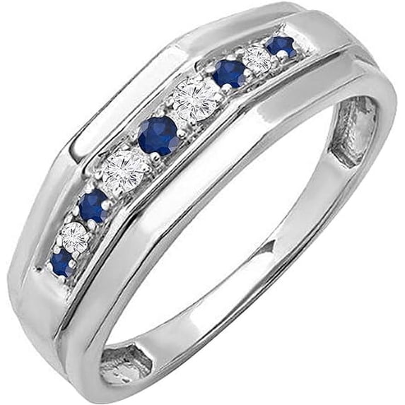 Divine_creation 2.20 Ct Round Cut Blue Sapphire Mens Wedding Engagement Band Ring 14K White Gold Finish 925 Sterling Silver -5