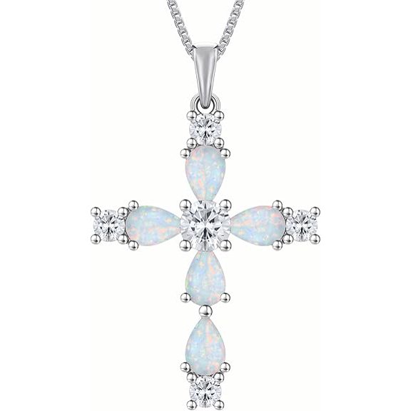 Divine_creation 2.20 Ctw Pear Cut Fire Opal Womens Cross Pendant 14K White Gold Plated 925 Sterling Silver
