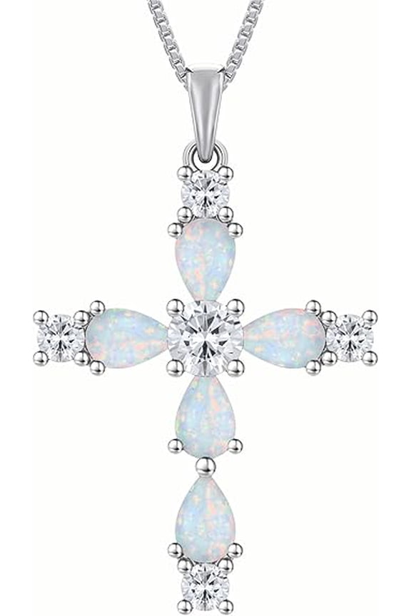 2.20 Ctw Pear Cut Fire Opal Womens Cross Pendant 14K White Gold Plated 925 Sterling Silver