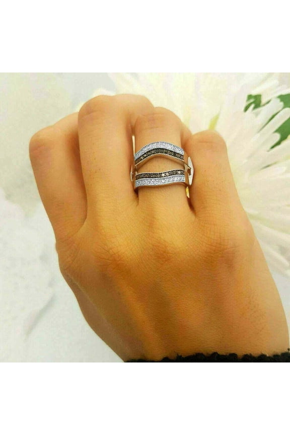 2.20 Ctw Round Cut Black Diamond Wedding Enhancer Guard Wrap Ring 14K White Gold Plated 925 Sterling Silver 925 Sterling Silver -4