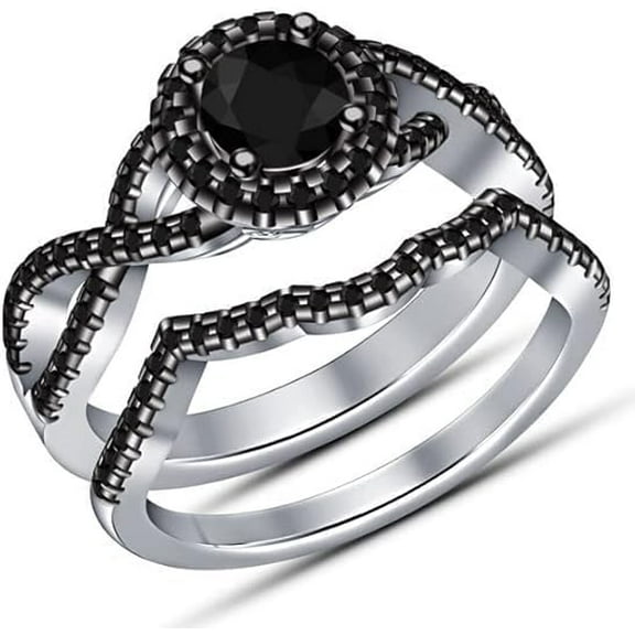 Divine_creation 2.25 Ctw Round Cut Black Diamond Engagment Wedding Halo Bridal Ring Set 14K White Gold Plated 925 Sterling Silver For Women's - 6