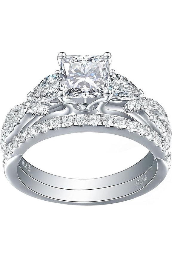 2.30 Ct Princess Cut Diamond Womens Wedding Bridal Ring Set 14K White Gold Plated 925 Sterling Silver -5.5