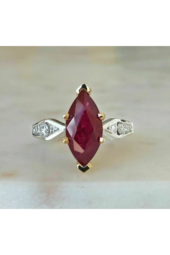 2Ct Marquise Cut Red Ruby Wedding Engagement 14K Yellow Gold Plated 925 Sterling Silver For Women's -9