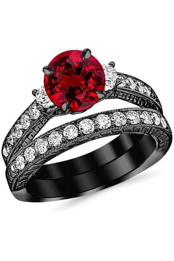 3.00 Ct Round Cut Red Ruby Wedding Engagement Thanksgiving Christmas Bridal Ring Set 14K Black Gold Plated 925 Sterling Silver For Women's -7