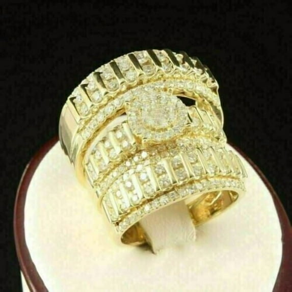 Divine_creation 3.40 Ctw Round Cut Diamond Wedding His & Her Ring Trio Set Ring 14K Yellow Gold Plated 925 Sterling Silver -7.5