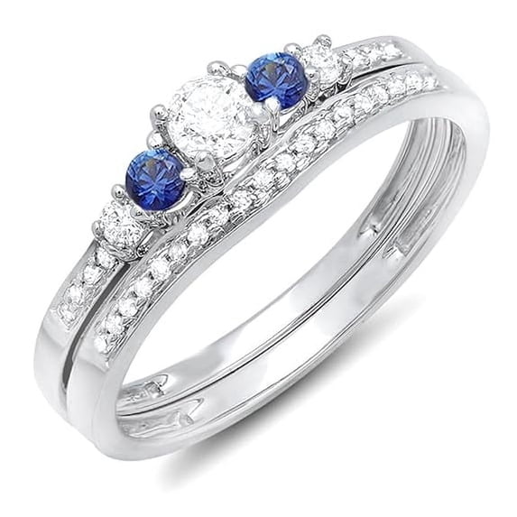 Divine_creation 925 Sterling Silver 2.13 Ct Round Cut White Diamond & Sapphire Engagement Thanksgiving Christmas Halo Bridal Ring Set 14K White Gold Plated For Women's -7.5