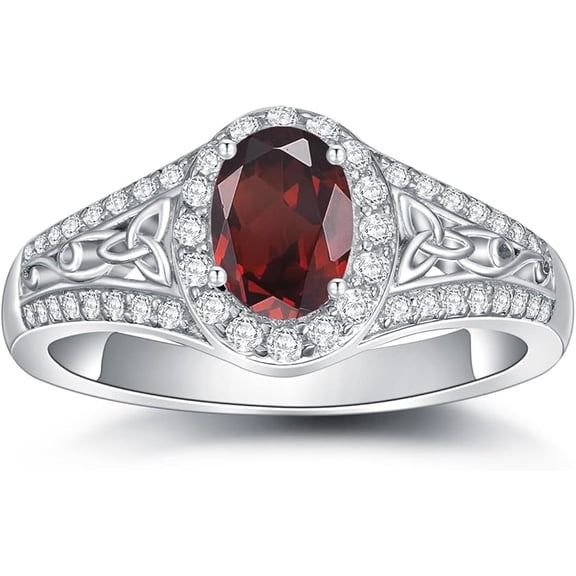 Divine_creation 925 Sterling Silver 2.20 Ct Oval Cut Red Garnet Engagement Wedding Halo Ring 14K White Gold Plated For Women's -5.5