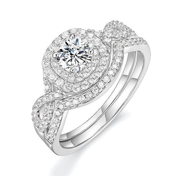 Divine Creation 925 Sterling Silver 2.27 Ct Round Cut White Diamond Engagement Thanksgiving Christmas Halo Bridal Ring Set 14K White Gold Plated For Women's -5.5