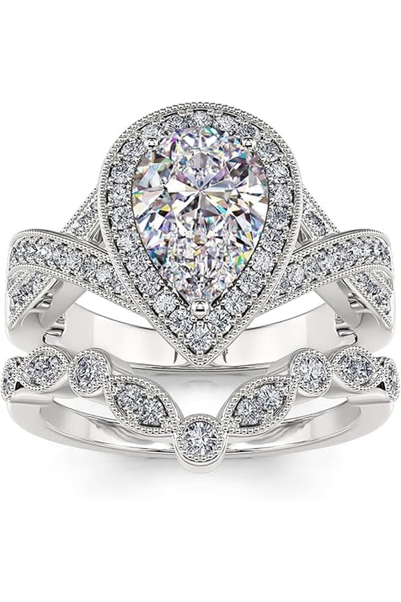 925 Sterling Silver 2.30 Ct Pear Cut Diamond Wedding Bridal Ring Set 14K White Gold Plated For Women's -8