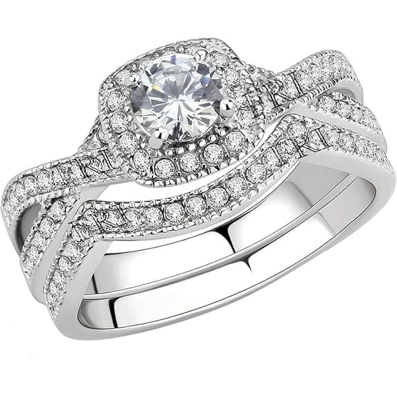 Divine_creation 925 Sterling Silver 2.48 Ct Round Cut White Diamond Engagement Thanksgiving Christmas Halo Bridal Ring Set 14K White Gold Plated For Women's -6.5