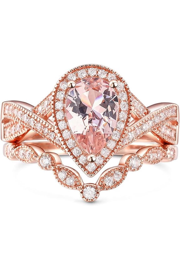 925 Sterling Silver 2.60 Ct Pear Cut Peach Morganite Wedding Bridal Ring Set 14K Rose Gold Plated For Women's -7