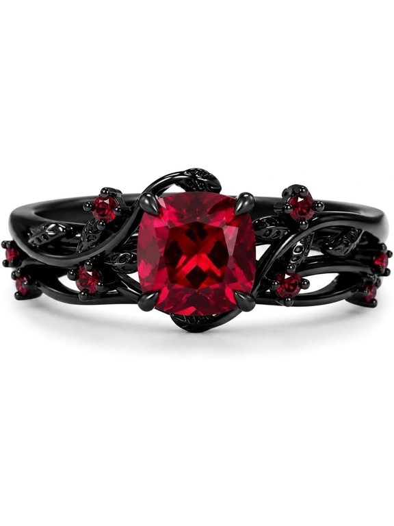 Divine_creation Gothic Leaf Engagement Ring for Women, Cushion Cut Ruby, Black Rhodium 925 Sterling Silver-6.5