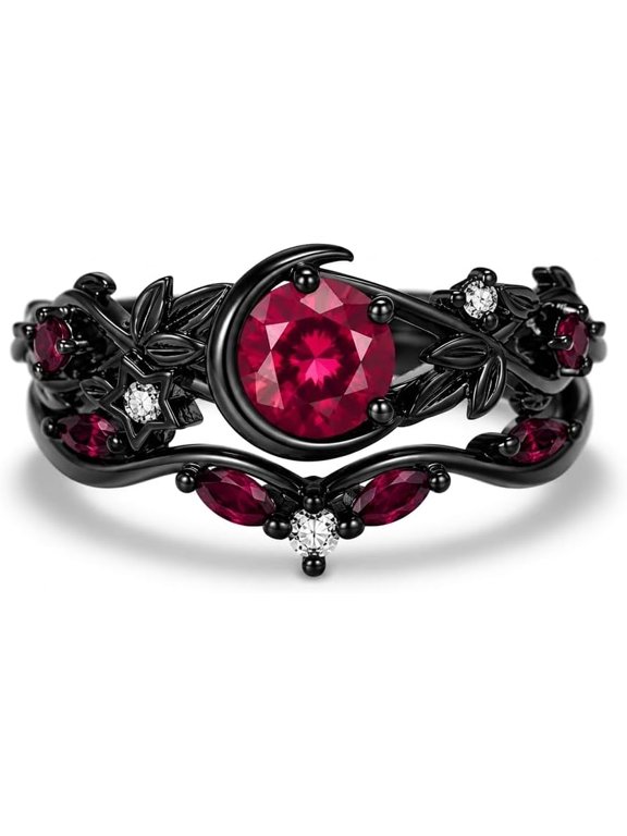 Divine_creation Gothic Moon Engagement Ring Set for Women, Round Cut Pink Ruby, Black Rhodium 925 Sterling Silver-4.5