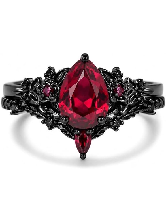 Divine_creation Gothic Rose Engagement Ring Set for Women, Pear Cut Ruby, Black Rhodium 925 Sterling Silver-9