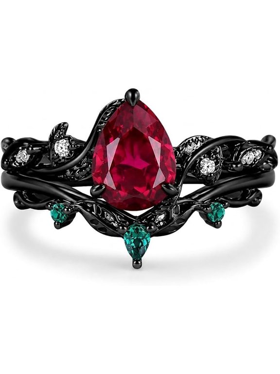 Divine_creation Gothic Vine Engagement Ring Set for Women, Pear Cut Ruby, Black Rhodium 925 Sterling Silver-8