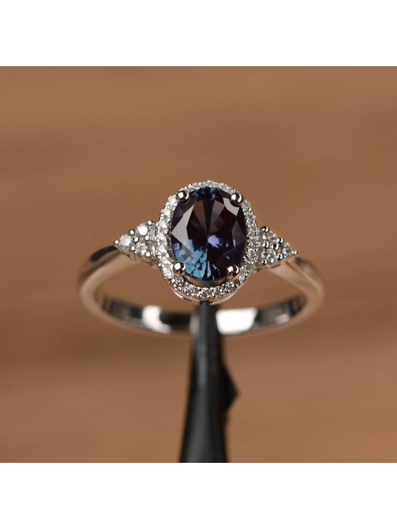 Divine_creation Sterling Silver Halo Ring for Women, Color-Change Alexandrite, Oval Cut-5