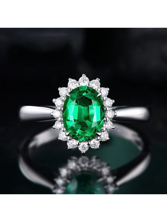 Divine_creation Sterling Silver Halo Ring for Women, Green Emerald, Oval Cut CZ-8