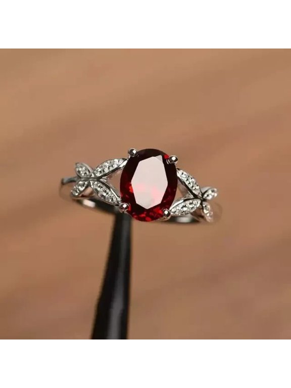 Divine_creation Sterling Silver Leaf Ring for Women, Red Garnet CZ, Oval Cut Nature-5.5
