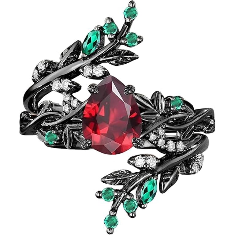 Emraed Red Divine_creation Sterling Silver Vine Leaf Ring for Women, Pear-Cut Red ...