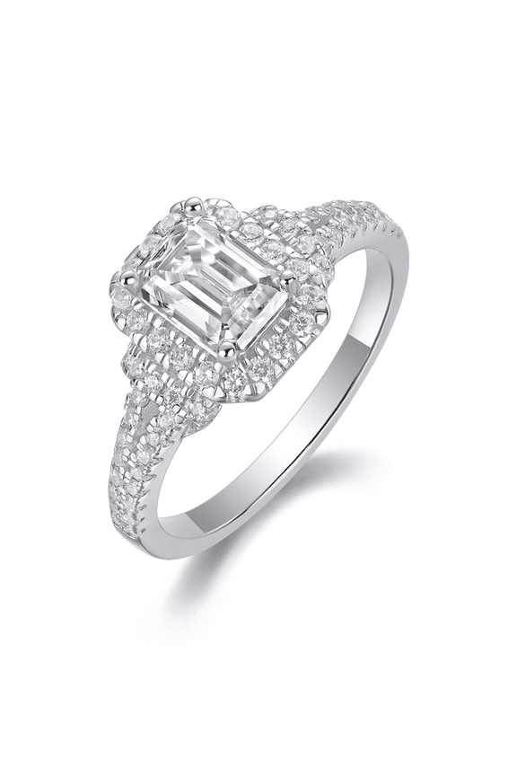 1.5 CT Total Emerald Cut Moissanite Ring - Halo Pavé Setting - Classic Engagement Style - S925 Sterling Silver Women's Wedding Ring