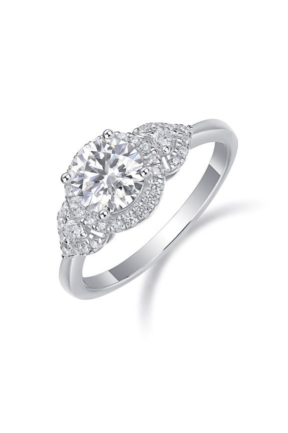 1ct Total Round Brilliant Cut Moissanite Ring - Three-Stone Halo Setting - Classic Engagement Style - S925 Sterling Silver Women's Wedding Ring