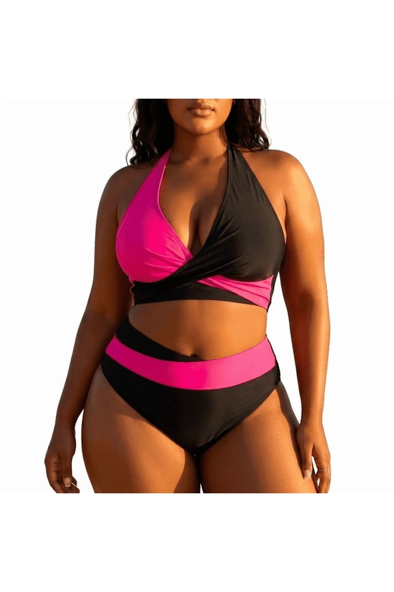 Women's Plus Size Colorblock Bikini Set, V-Neck High Waisted Swimsuit, 1X-4X