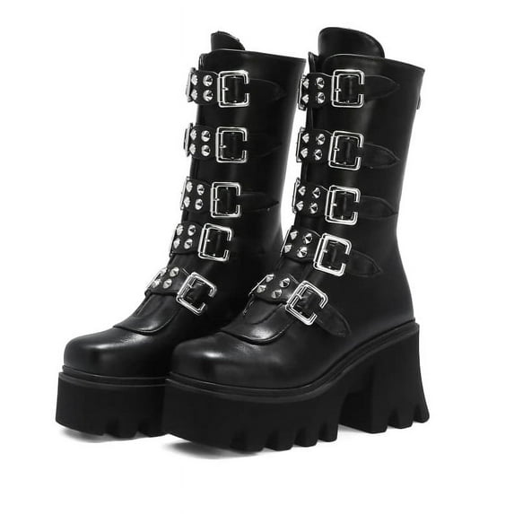 Divines Devil Gothic Punk Women's Platform Boots Black Buckle Strap Back Zipper Size 7