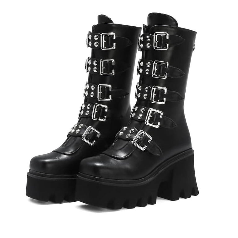 Divines Devil Gothic Punk Women's Platform Boots Black Buckle
