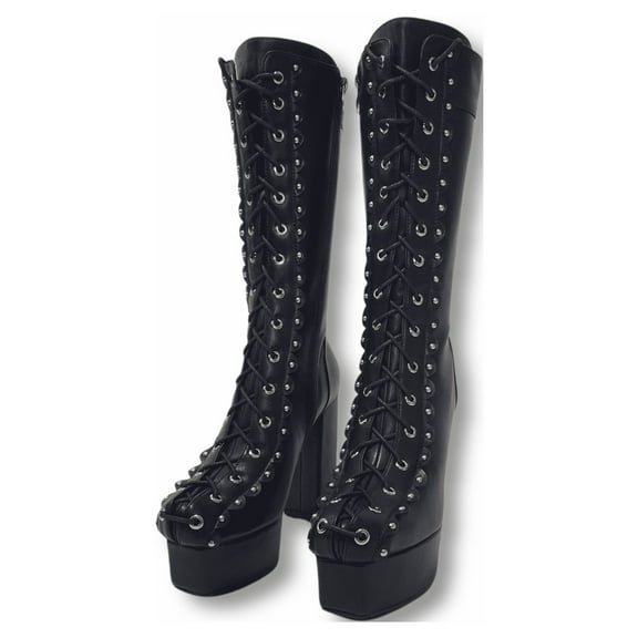 Divines Devil Women Black Gothic High Heel Platform Boots Studded Corset Combat Chunky Punk Size 8