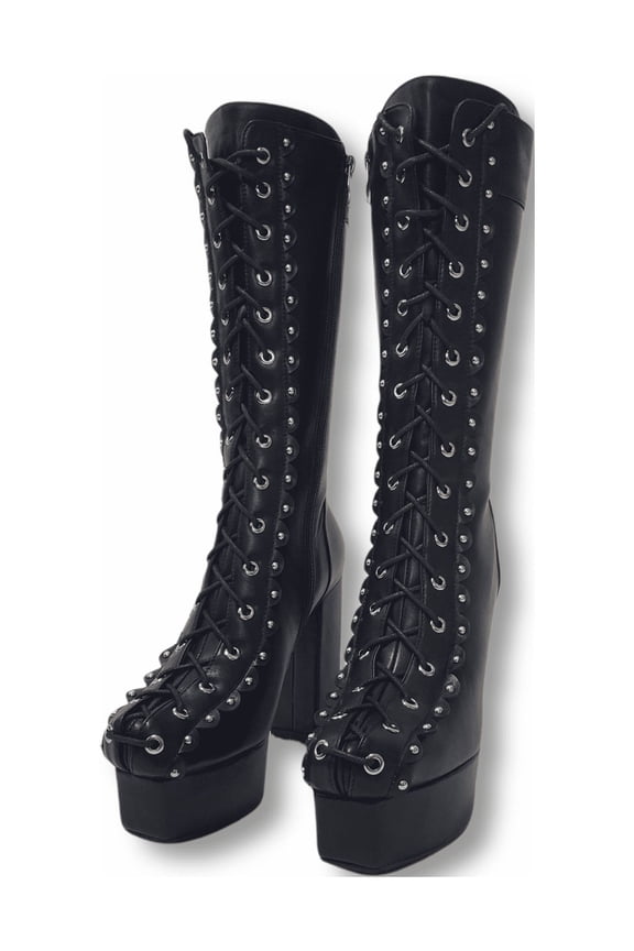 Women Black Gothic High Heel Platform Boots Studded Corset Combat Chunky Punk Size 9