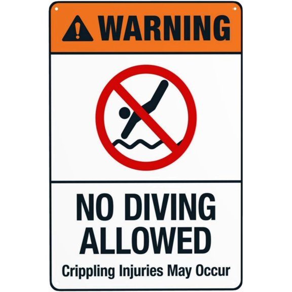 No Diving Allowed Crippling Injuries May Occur Sign Ansi Warning Sign Pool Rules Signs Retro Aluminum Metal Tin Vintage Style Funny Wall Decor Art Gift For Women Men 8x12 Inch