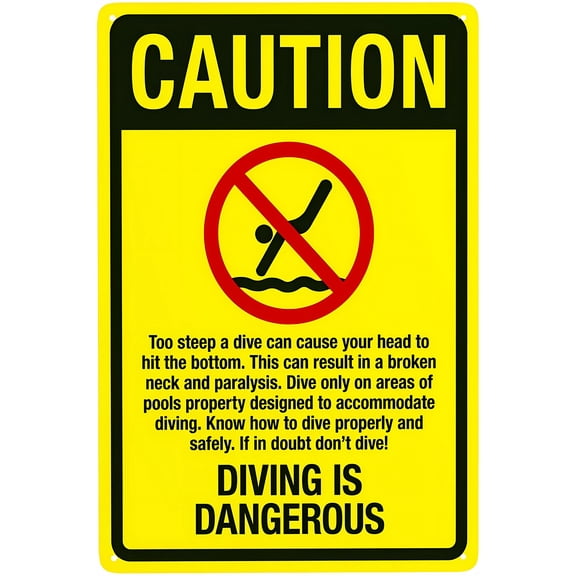 Diving Is Dangerous Warning Sign - 8"x12" Metal Pool Security Sign, Water Safety Decor for Home Business Outdoor Indoor Road Yard Garage Street Pool Club
