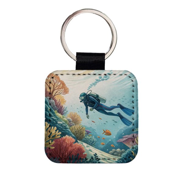 Diving Diver Exploring Underwater Faux Leather Square Keychain