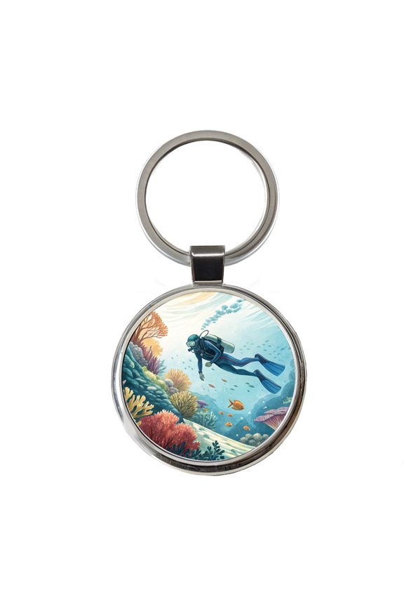 Diving Diver Exploring Underwater Metal Round Keychain