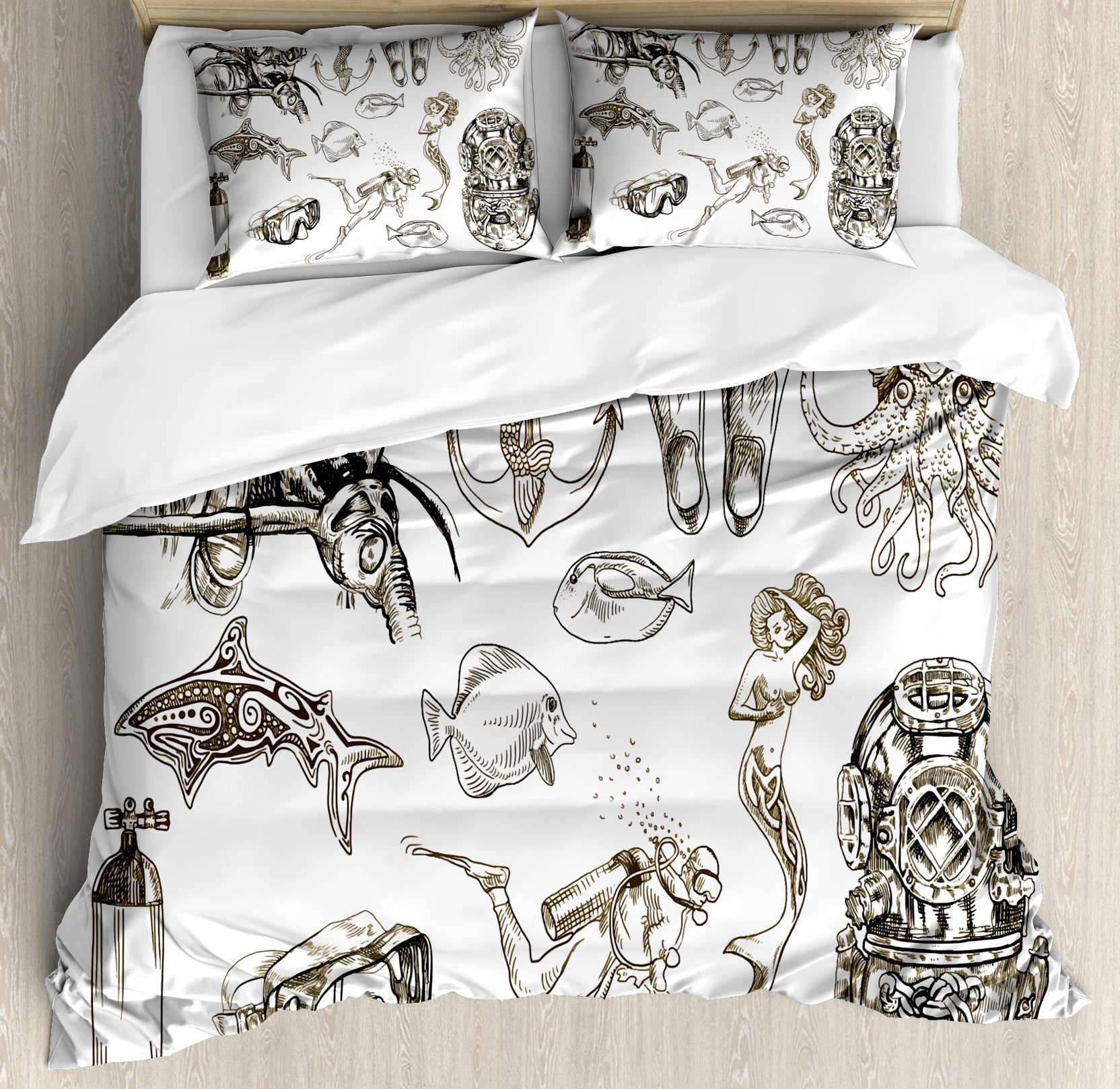 Olive Green and White Marine Life Queen Duvet Set