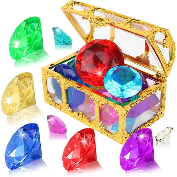 Diving Gem Pool Toy 10PCS Big Colorful Diamond Diving Toy with Treasure Box Pirate Pool Toys for Kids Toddlers Underwater Sinking Dive Gemstone for Swimming Bath Birthday Party Decoration