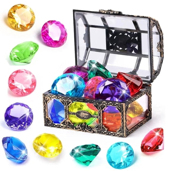 Diving Gems Pool Toys with Pirate Treasure Chest, Colorful Acrylic Diamonds, Underwater Sinking Swim Toys for Age 3+ Pool Games