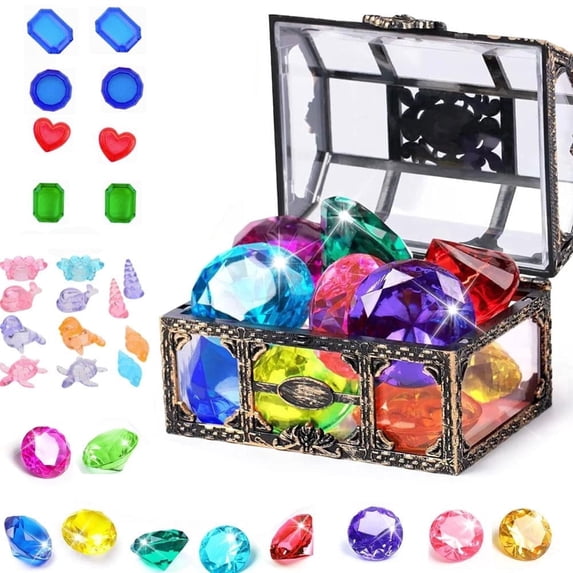 Diving Gems Pool Toys with Pirate Treasure Chest, Colorful Acrylic Diamonds, Underwater Sinking Swim Toys for Age 3+ Pool Games