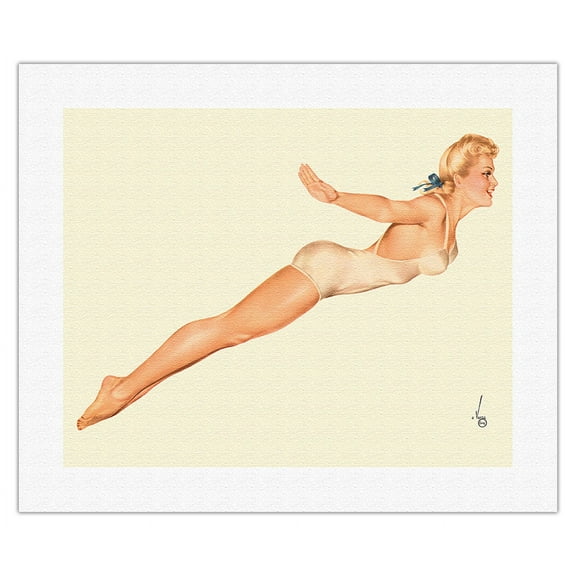 Diving Girl in Bathing Suit - Miss August - Vintage Pin Up Girl Print by Alberto Vargas c.1944 - Fine Art Rolled Canvas Print (Unframed) 16in x 20in