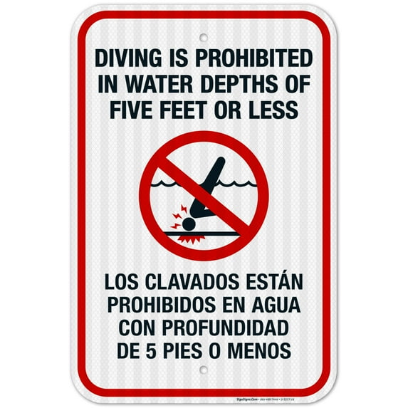 Diving Is Prohibited In Water Depths Of Five Feet Or Less Pool Sign,