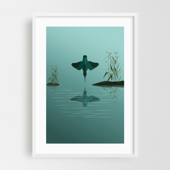 Diving Kingfisher | Reflection - Photography Nature Minimalist Bird Water Modern Art Botanical White Framed Wall Art Print 5 x 7 inches