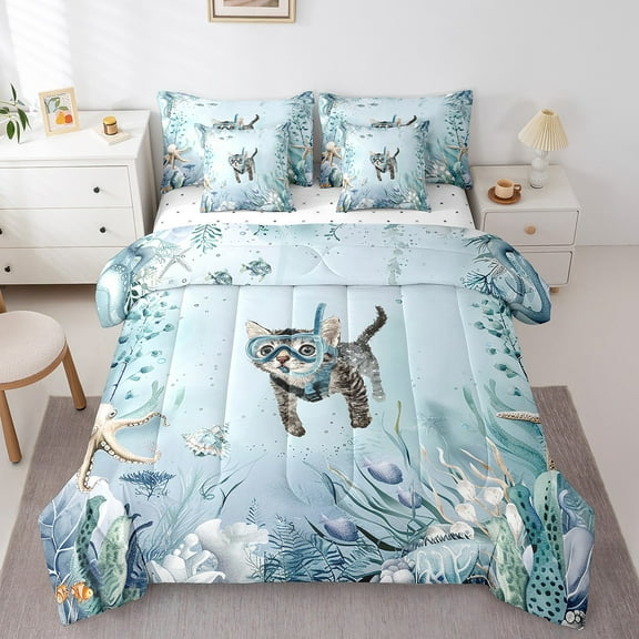 Diving Kitten Bed in a Bag Queen Comforter Set 7 Piece,Teal Blue Ocean Beach Coastal Bedding Set Starfish Octopus Sheet Set with Comforter,Underwater Creature Coral Bed Set,Kawaii Fish Room Decor