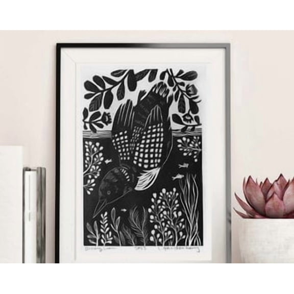 Diving Loon Linocut Wildlife Wall Art Poster, Poster Home Decor, Poster Only