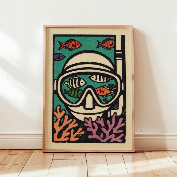 Diving Mask Colourful Fish Art Coral Reef Illustration